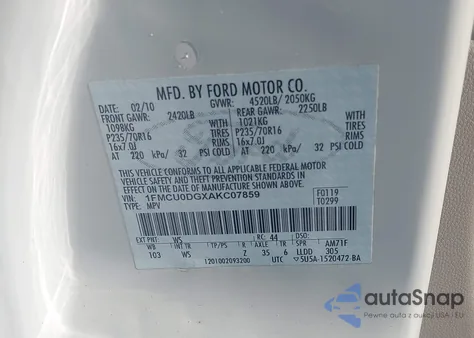 2010 Ford Escape Xlt z USA, uszkodzony, nr VIN 1FMCU0DGXAKC07859